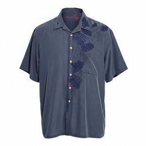 Men's Bamboo Cay Shirt Floral Embroidery BlueButton Up Hawaiian XL